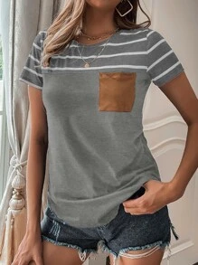 SHEIN LUNE Camiseta de rayas con bolsillo delantero - Gris - Ver 1
