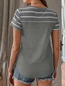 SHEIN LUNE Camiseta de rayas con bolsillo delantero - Gris - Ver 2