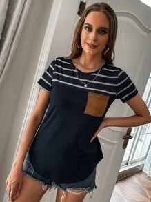 SHEIN LUNE Camiseta De Rayas Con Bolsillo Delantero - Azul Marino - View 5