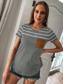 SHEIN LUNE Camiseta de rayas con bolsillo delantero - Gris - Ver 3