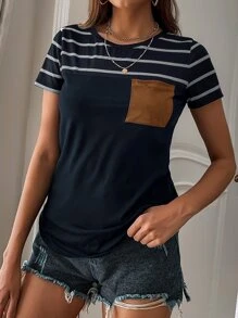 SHEIN LUNE Camiseta De Rayas Con Bolsillo Delantero - Azul Marino - View 3
