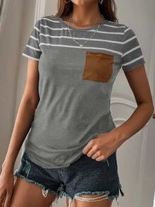 SHEIN LUNE Camiseta de rayas con bolsillo delantero - Gris - Ver 4