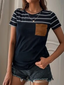 SHEIN LUNE Camiseta De Rayas Con Bolsillo Delantero - Azul Marino - View 4