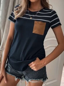 SHEIN LUNE Camiseta De Rayas Con Bolsillo Delantero - Azul Marino - View 6