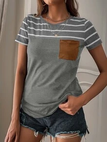 SHEIN LUNE Camiseta de rayas con bolsillo delantero - Gris - Ver 5