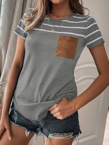 SHEIN LUNE Camiseta de rayas con bolsillo delantero - Gris - Ver 6