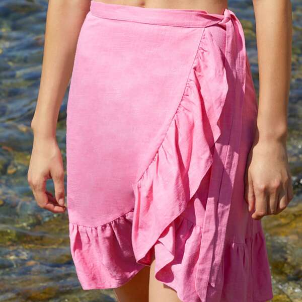 

Ruffle Trim Wrap Knot Skirt, Hot pink