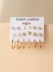 9đôi Ngọc trai Giả & Trang trí trái tim Hoa tai - Vàng - Xem 2