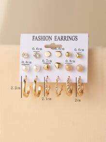 9đôi Ngọc trai Giả & Trang trí trái tim Hoa tai - Vàng - Xem 3