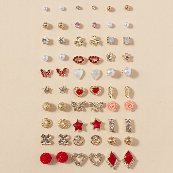 

30pairs Butterfly & Heart Design Stud Earrings, Multicolor