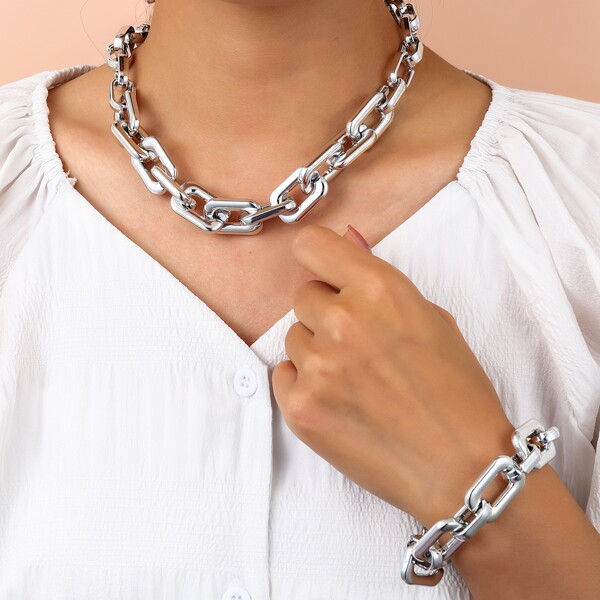 

Geometric Chain Necklace & Bracelet, Silver