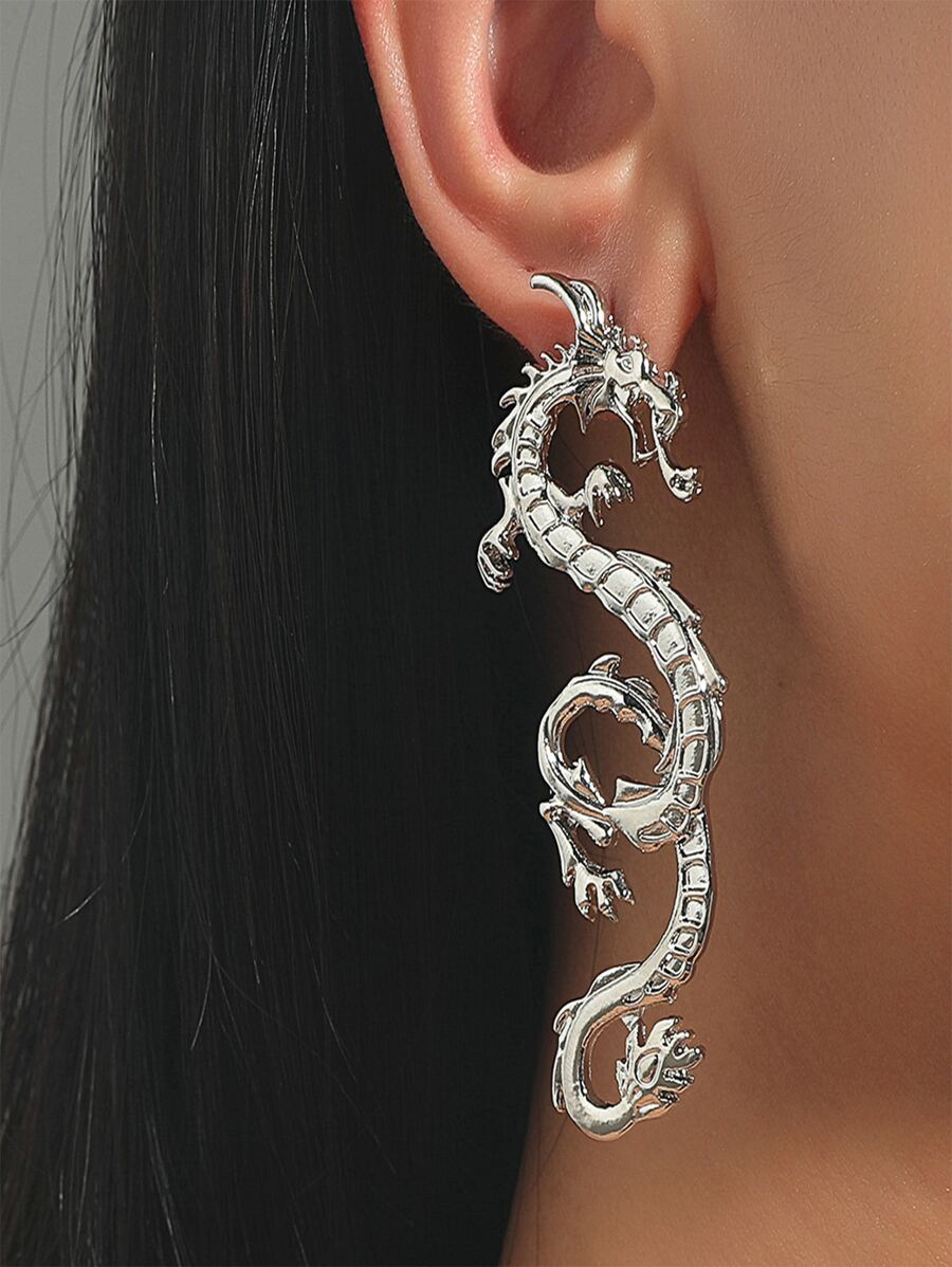 Chinese Dragon Design Earrings - Silver - View 1