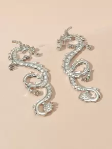 Chinese Dragon Design Earrings - Silver - View 2