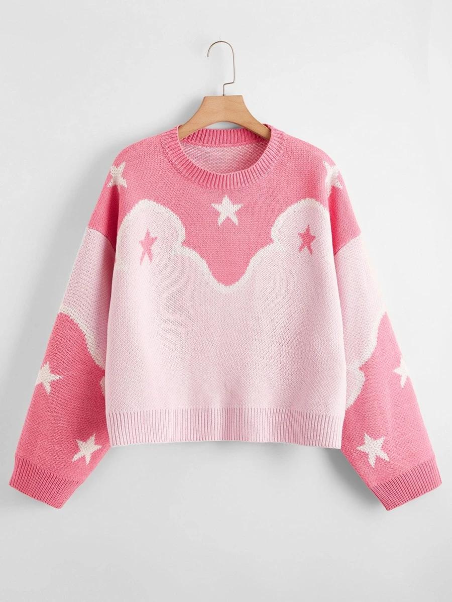 Plus Star Pattern Drop Shoulder Colorblock Sweater - Ružičasta - Prikaz 1