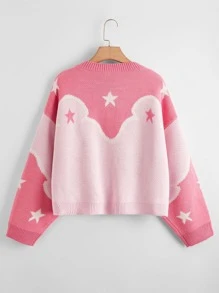 Plus Star Pattern Drop Shoulder Colorblock Sweater - Ružičasta - Prikaz 2