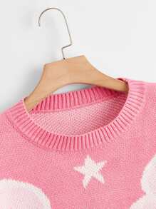 Plus Star Pattern Drop Shoulder Colorblock Sweater - Ružičasta - Prikaz 3