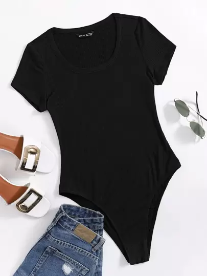 SHEIN EZwear Black Mock-Neck Rib-Knit Bodysuit