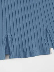 Muchica Vestido tejido de canalé bajo con abertura - Neblina azul - Ver 5