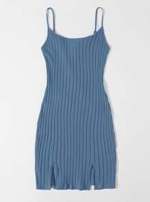 Muchica Vestido tejido de canalé bajo con abertura - Neblina azul - Ver 4