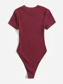 SHEIN EZwear Mock-neck Rib-knit Bodysuit - Burgundy - View 2