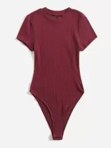 SHEIN EZwear Mock-neck Rib-knit Bodysuit - Burgundy - View 3