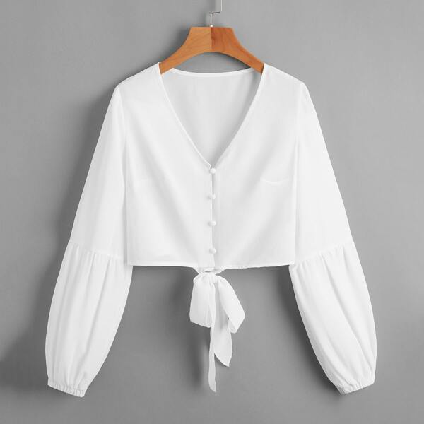 

Solid Button Up Tie Hem Blouse, White