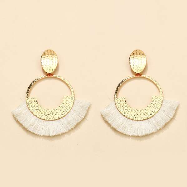 

Fringe Detail Metal Round Drop Earrings, White