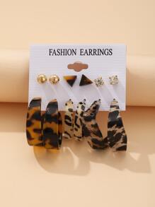 Hoa tai họa tiết da báo 6 cặp - màu nâu - Xem 2