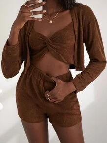 落肩袖開門襟短款外套和前扭結吊帶上衣 - 棕色 - 查看 1