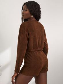 落肩袖開門襟短款外套和前扭結吊帶上衣 - 棕色 - 查看 2