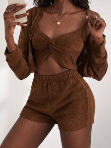 落肩袖開門襟短款外套和前扭結吊帶上衣 - 棕色 - 查看 3
