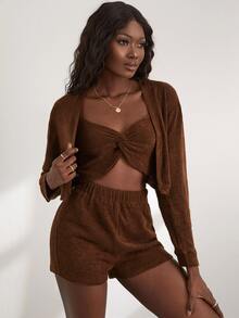 落肩袖開門襟短款外套和前扭結吊帶上衣 - 棕色 - 查看 4