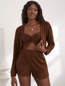 落肩袖開門襟短款外套和前扭結吊帶上衣 - 棕色 - 查看 5