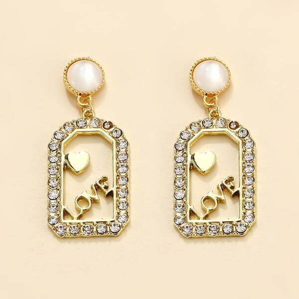 

Letter & Rhinestone Decor Geometric Drop Earrings, Gold