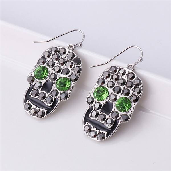 

Rhinestone Skull Drop Earrings, Silver