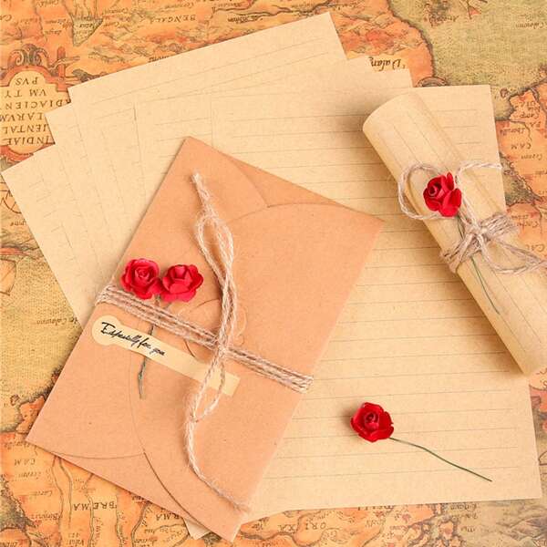 

1set Envelope & Writing Paper & Artificial Flower, Multicolor