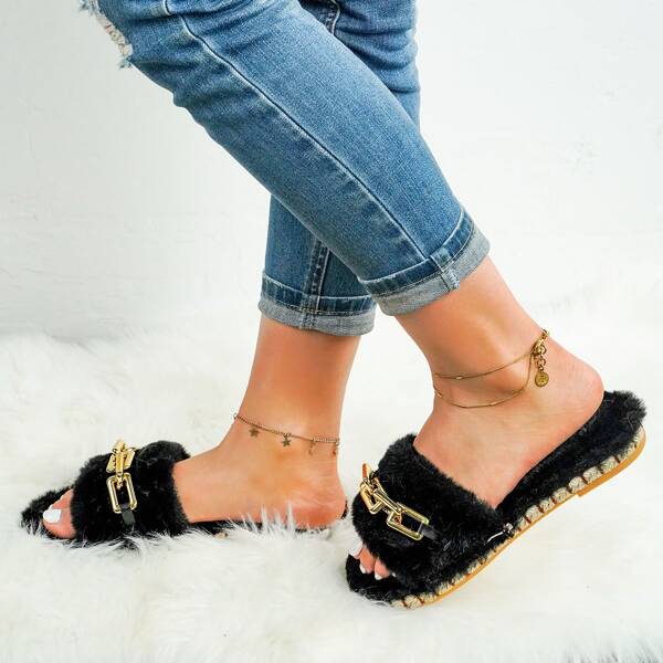 

Minimalist Chain Decor Fluffy Slide Sandals, Black