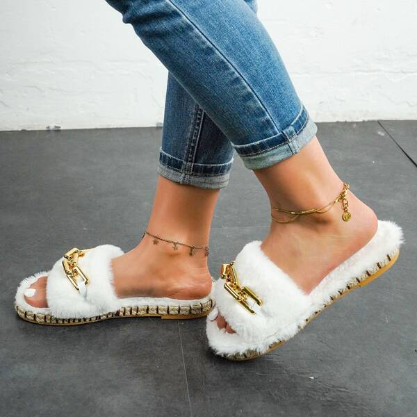 

Minimalist Chain Decor Fluffy Slide Sandals, White