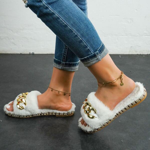 

Chain Decor Fluffy Slide Sandals, White
