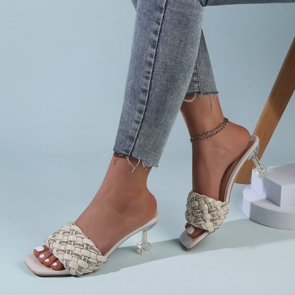 

Rhinestone Decor Braided Design Sandal Mules, Beige