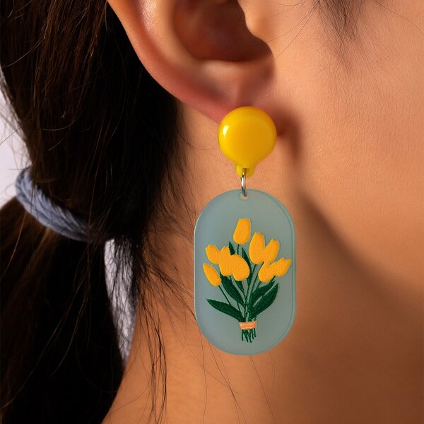 

Flower Pattern Geometric Drop Earrings, Multicolor