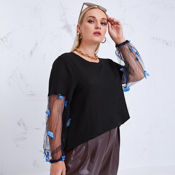 

Plus Butterfly Applique Contrast Mesh Tee, Black