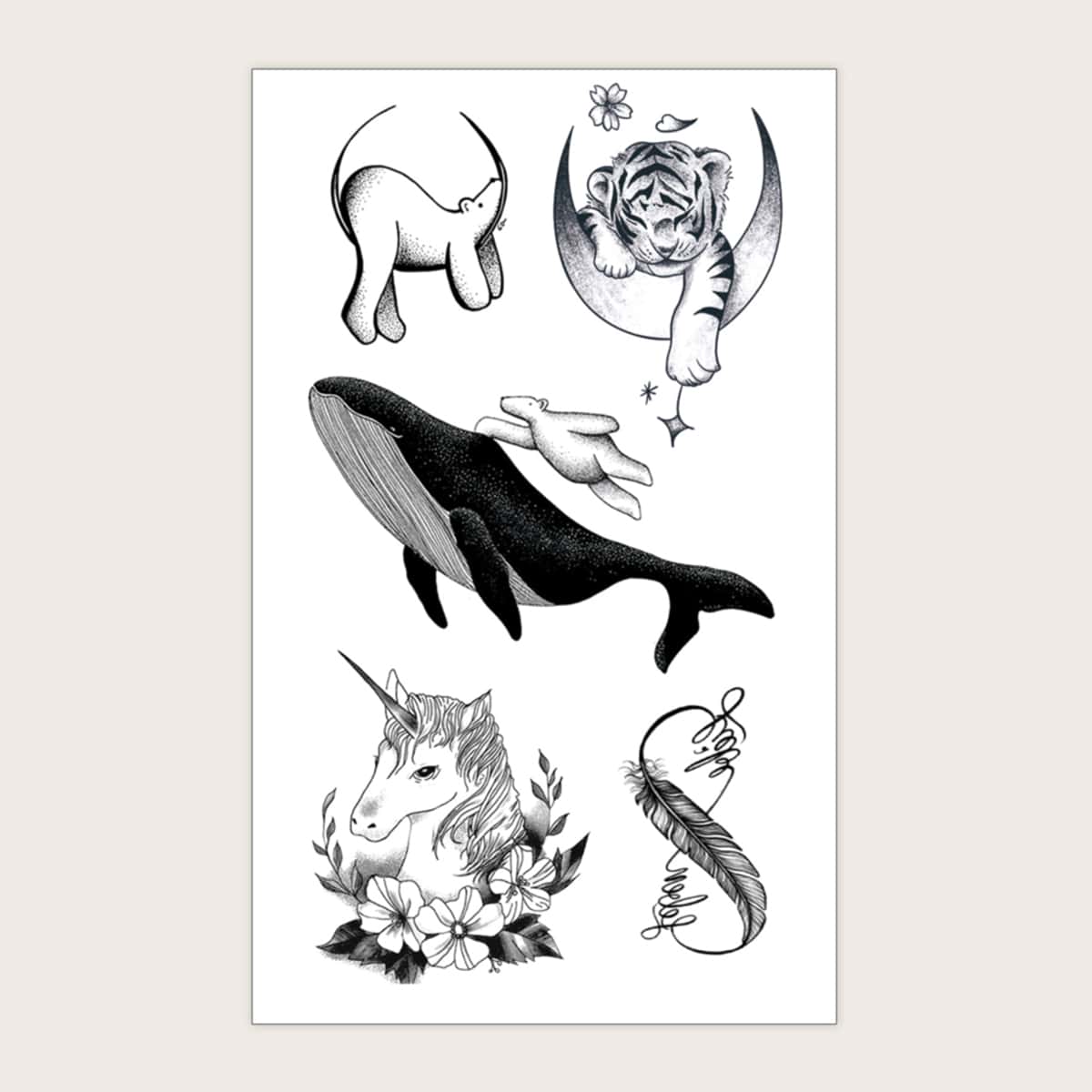 

1sheet Cartoon Animal Pattern Tattoo Sticker, Black and white