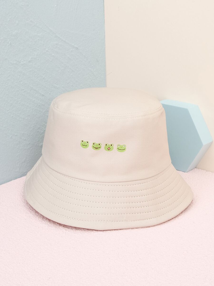 Cartoon Frog Graphic Bucket Hat - Beige - View 1