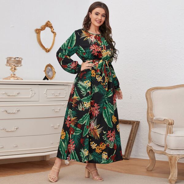 

Plus Tropical Print Belted Lantern Sleeve Dress, Multicolor
