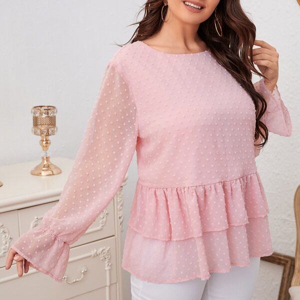 

Plus Swiss Dot Flounce Sleeve Layered Ruffle Hem Blouse, Baby pink