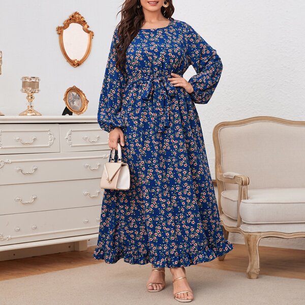 

Plus Ditsy Floral Print Belted Lantern Sleeve Dress, Navy blue
