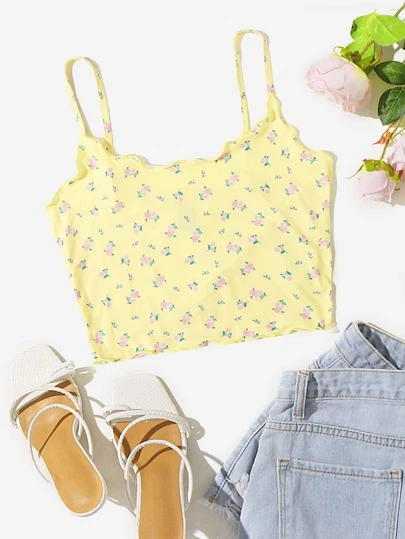 SHEIN EZwear Cottagecore Floral Dits Franzido Top Cami