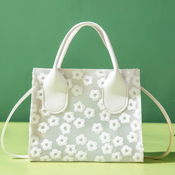 

Floral Embroidery Satchel Bag, White