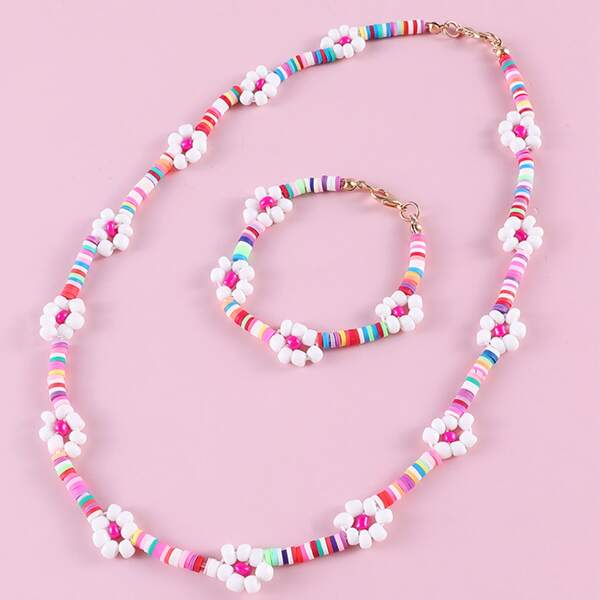 

2pcs Toddler Girls Beaded Jewelry Set, Hot pink